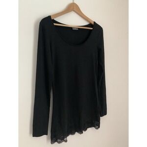 ICHI Jacilia Top Sz M Black Long Sleeve Lace Hem Y2K Round Neck Quiet Luxury